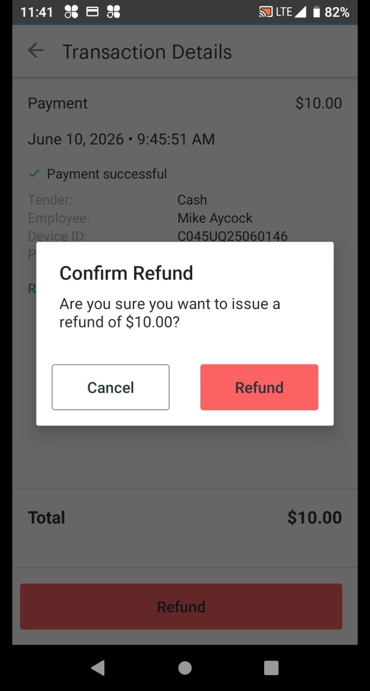 Confirm Refund dialog asking to confirm a refund of $35.00 with Cancel and Refund buttons.